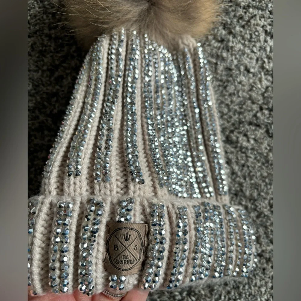 Be Sparkle Rhinestone Pom Pom beige hat.‎